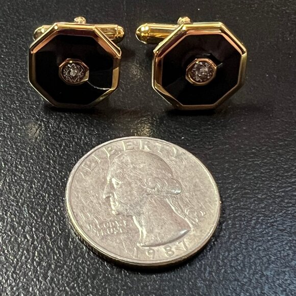 Vintage Mens Cufflinks Octagon Gold Tone Black Clear Center Stone - Picture 3 of 6
